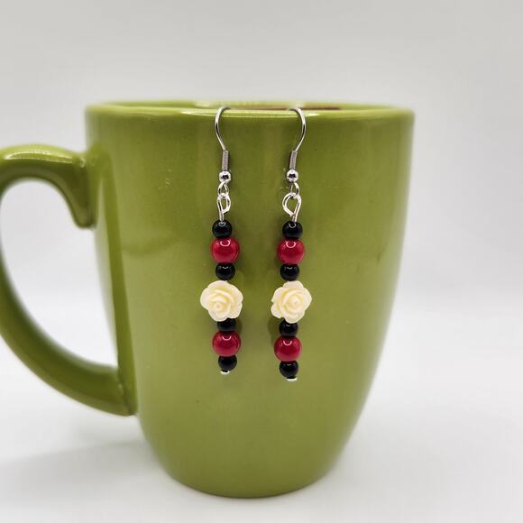 Handmade Cream Carved Rose, Black Amethyst & Red Coral Dangle Earrings 2.5" - Picture 7 of 9